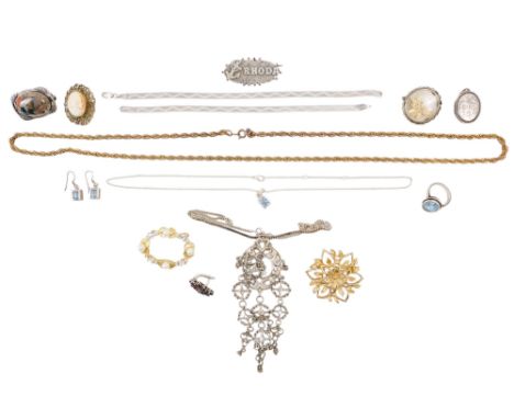 A small quantity of costume jewellery - sundry items, including a Scottish hardstone brooch, plated ropetwist chain etc.