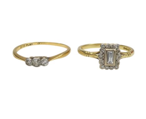 An 18ct gold and diamond set ring - the rectangular central stone within a band of smaller circular stones, size N, together 