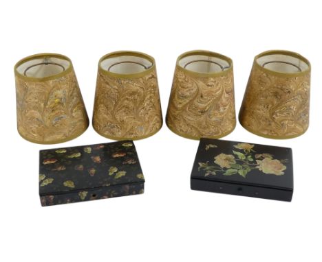 A pair of late 19th century papier mache boxes - both with floral decoupage decoration, together with four Florentine marbled