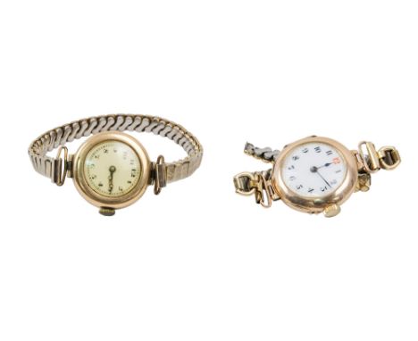 A 9ct gold cased ladies wristwatch - with a white enamel dial set out with Arabic numerals, on an expanding gilt metal bracel