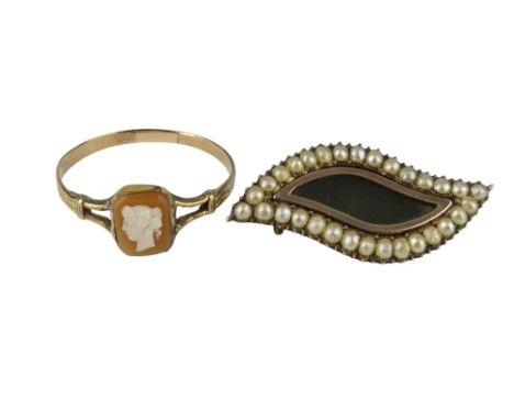 A Georgian pearl set mourning brooch - modelled in an eye shape, together with an early Victorian cameo ring, 4.8g.