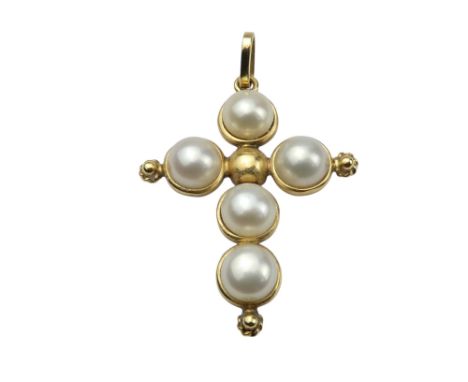 A gilt pearl set cross - stamped 585, probably 14ct, 2.8g.