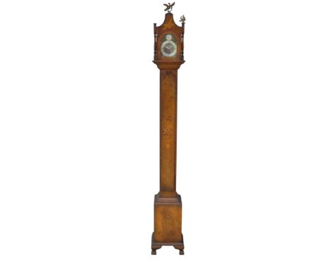 An early 20th century walnut cased longcase clock - with a shaped hood, the door with foliate inlay, fitted with a French dru