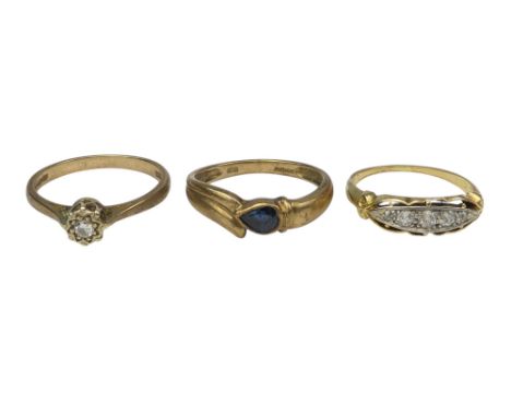 A 9ct single stone diamond ring - size N, together with two further dress rings, 6.4g.