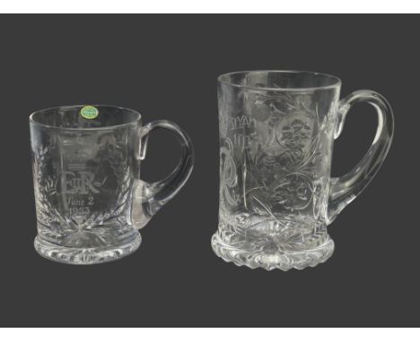 A George VI cut glass coronation mug - engraved with national symbols and dated May 12 1937, 13cm high, together with a simil