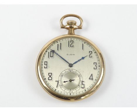 An Elgin gilt cased open face pocket watch - the silvered dial set out with Arabic numerals with a subsidiary second dial.