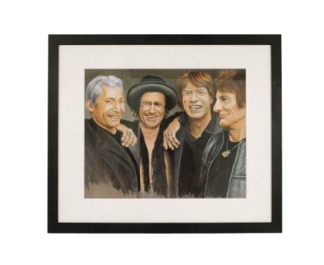 Jan Merrick HORN (British b. 1948) The Rolling Stones Oil on board Signed with initials lower right and dated 2021, titled ve