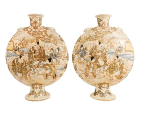 A pair of early 20th century Japanese Satsuma moon flasks - decorated with noble figures and landscape scenes and a pair of e
