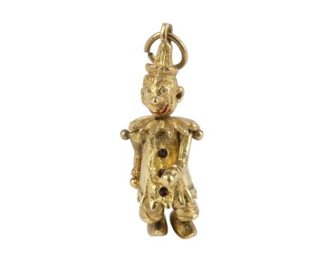 A 9ct gold articulated clown charm - with ruby buttons, 5.6g.