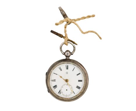 A silver case pocket watch - the white enamel dial set out with Roman numerals. 