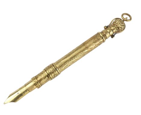 A gilt propelling pen/pencil by Mabie, Todd &amp; Co. - extensively engraved with foliage and stamped 14K, 13.3g all in.