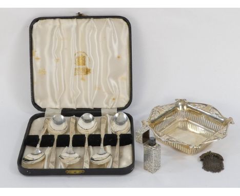 A silver perfume bottle - London 1885, of square rectangular form and engraved with foliage, together with a square bonbon di