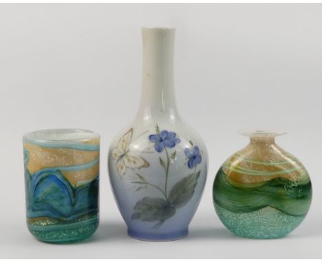 A Royal Copenhagen vase - with a narrow neck and decorated with a butterfly and flowers, 14cm high, together with two small G