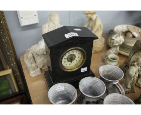 VICTORIAN BLACK SLATE MANTEL CLOCK WITH WHITE ARABIC DIAL 