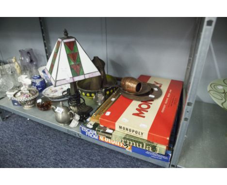 A BRASS TABLE LAMP, COPPER WATER JUG AND SMALL BARREL, A WALKING STICK AND THREE BOXED GAMES, MONOPOLY, ESCAPE FROM COLDITZ, 