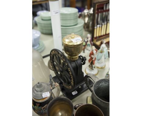MODERN 'BIRCHLEAF' REPRODUCTION COFFEE GRINDER, BLACK CAST AND GILT METAL 