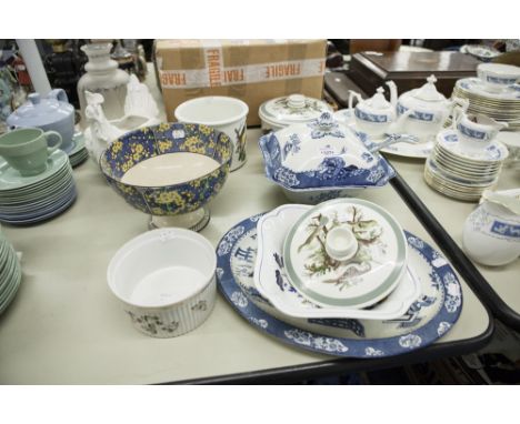 CERAMICS- ROYAL DOULTON PEDESTAL FRUIT BOWL, printed with prunus, PORTMEIRION 'BIRDS OF BRITAIN' TUREEN AND COVER, UTENSIL HO