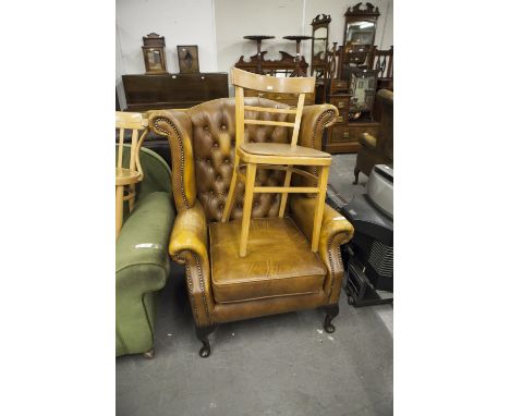 GEORGIAN STYLE TAN LEATHER WING EASY ARMCHAIR WITH BUTTON UPHOLSTERED BACK 