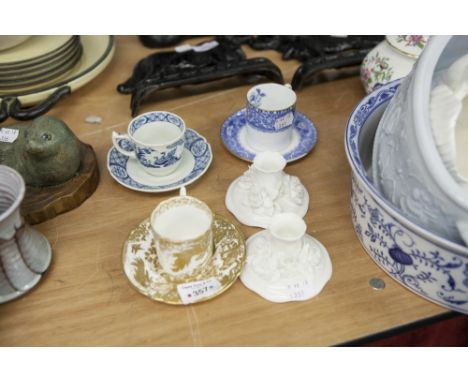 MODERN ROYAL CROWN DERBY GILT PRINTED CABINET CUP AND SAUCER, A SPODE AND A AN OLD CHELSEA EXAMPLES AND A WHITE GLAZED CROWN 