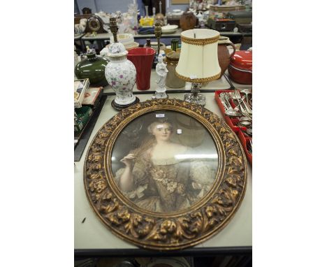 EARLY TWENTIETH CENTURY COLOUR PRINT OF GAINSBOROUGH LADY, IN OVAL ORNATE GILT FRAME CHINESE BLANC DE CHINE AND GILT METAL FI