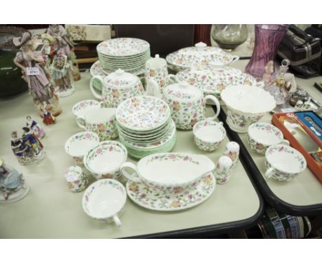 FIFTY PIECE MINTON 'HADDON HALL' PATTERN CHINA PART TEA AND DINNER SERVICE, including: PAIR OF OVAL TWO HANDLED TUREENS AND C