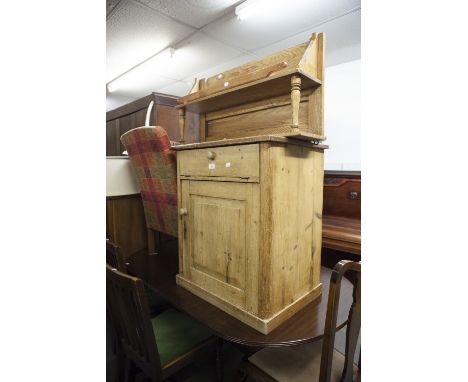 A SMALL PINE CUPBOARD WITH SINGEL DRAWER AND DOOR BELOW, A SMALL PINE WALL CUPBOARD WITH GLAZED DOOR, A SMALL PINE OPEN SHELF