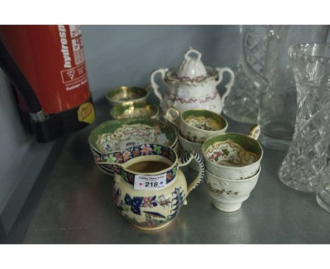 NINETEENTH CENTURY TEA WARES- SIX FLORAL PAINTED TEACUPS (2 SIZES) AND MATCHING SAUCERS, SIMILAR MILK, TWO HANDLED SUCRIER AN