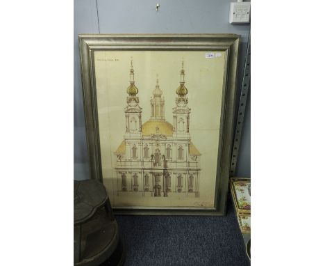 A MODERN INDIAN GOUACHE DRAWING OF AN ELEPHANT ALSO A REPRODUCTION OLD MASTER DRAWING OF ARCHITECTURAL FACADE (2)  