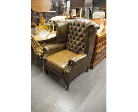 GEORGE STYLE BUTTON LEATHER AND STUDDED WING EASY ARMCHAIR  (SEAT CUSHION DOES NOT MATCH) 