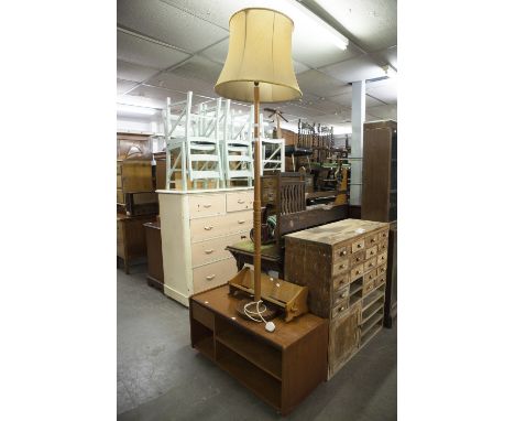 A TEAK STANDARD LAMP AND SHADE, A TEAK LOW STAND WITH SINGLE DRAWER AND OPEN SHELVES AND A SMALL BOOK TROUGH (3)  