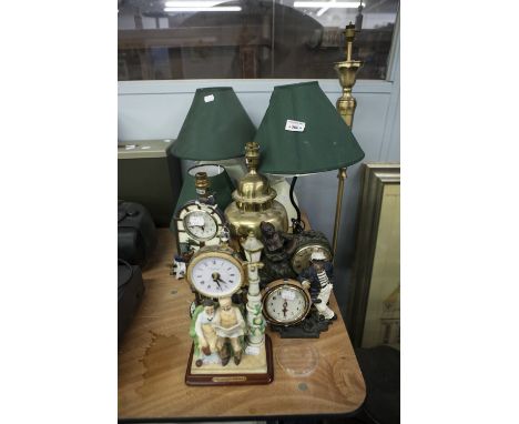 FIVE TABLE LAMPS, TWO BRASS, TWO POTTERY, ONE METAL AND A STANDARD LAMP,  FOUR QUARTZ MANTEL CLOCKS 