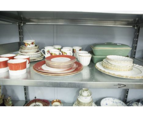 A PART SET OF SPODE COFFEE CUPS, SAUCERS AND CAKE PLATES, DENBY STONEWARE OVEN DISHES AND A COLLECTION OF CUT GLASS BOWL, JUG