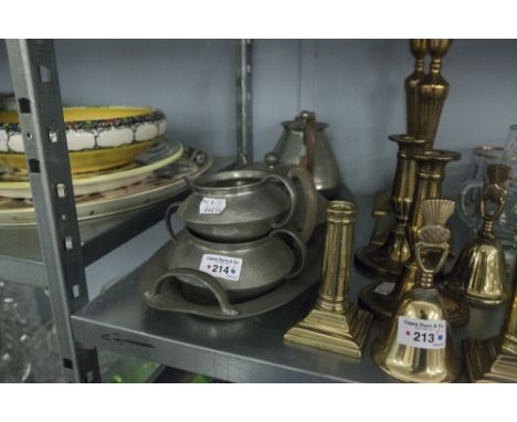 AN ENGLISH PEWTER HAND BEATEN FIVE PIECE TEA SERVICE  