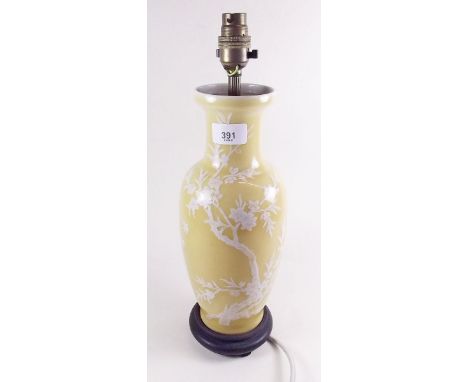 A 20th century Chinese yellow table lamp painted prunus blossom - 33cm