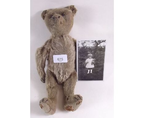 An early 20th century Steiff gold plush teddy bear with button to ear, 30cm, worn condition, Together with photograph of a yo