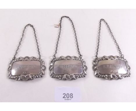 Three silver decanter labels for Brandy, Sherry & Whisky 41g, Birmingham 1976, London 1976 and Birmingham 1975