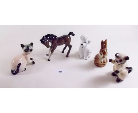 Two Hummell Siamese cats, a poodle, a rabbit and a Beswick foal