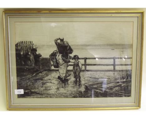 A 19th century Newlyn school etching of fisher woman and children staring out to sea - 31 x 49cm