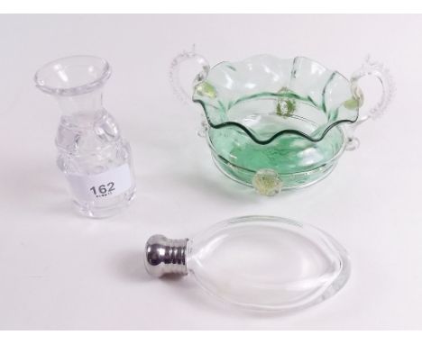 An 18th century Venetian green glass bowl, a small spirit flask with silver plated top and a whiskey water dropper