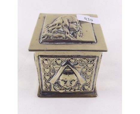 A 1930's brass Alice in Wonderland tea caddy embossed Alice, The Mad Hatter, The White Rabbit etc , 10.5cm high