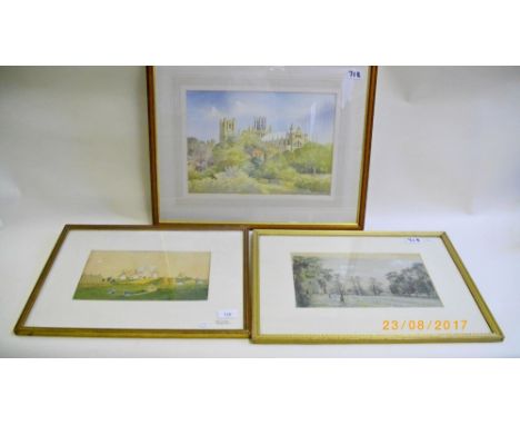 A group of three watercolours to include L M Kilpin - farming scene turning the hay - 19 x 31cm,  K W Burton - Ely Cathedral 