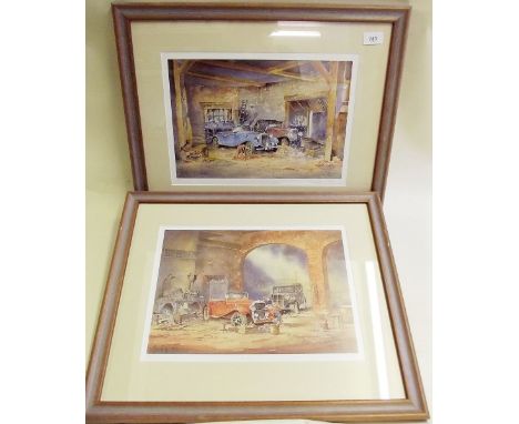 K W Burton - two limited edition prints vintage cars in barns - 24 x 35cm
