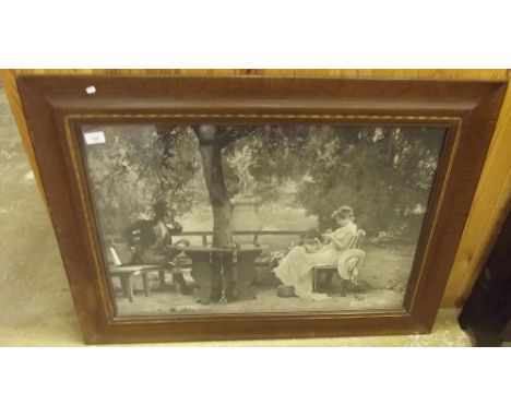 A large Victorian black and white print of a romantic couple - 48 x 72cm 