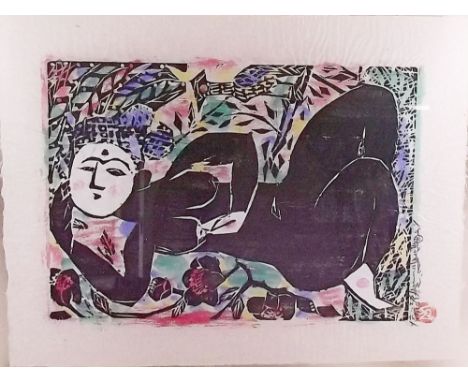 Shiko Munakata (1903 - 1975) - woodblock print of a nude 24 x 33cm in a glazed panel