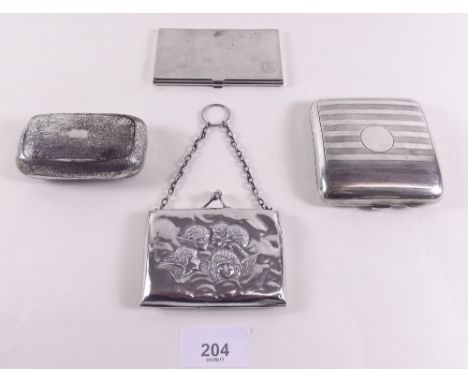 A silver cigarette case 104g, a silver purse embossed angels heads a/f 54g, a plated card case and a white metal snuff box