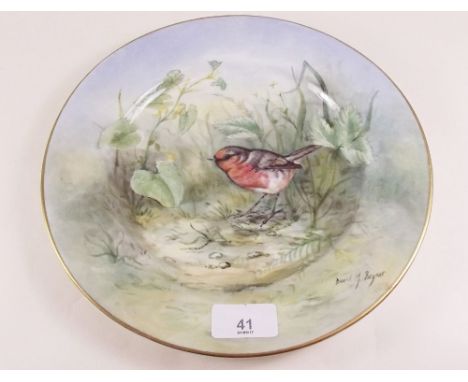 A DFB porcelain plate painted robin, by David J Scyner, ex Royal Worcester artist, 27cm dia.