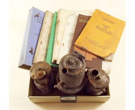 Two Premier 'acetelyne' coal miners cap lamps, a bicycle lamp plus a group of mining safety books and ephemera