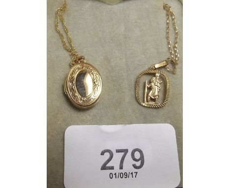 A 9 carat gold oval locket and a St Christopher and chain, 3.5g