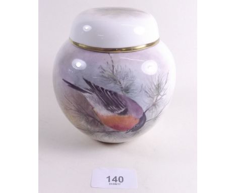 A porcelain ginger jar painted bullfinch by Gerald Delaney - 13cm - ex Royal Worcester artist