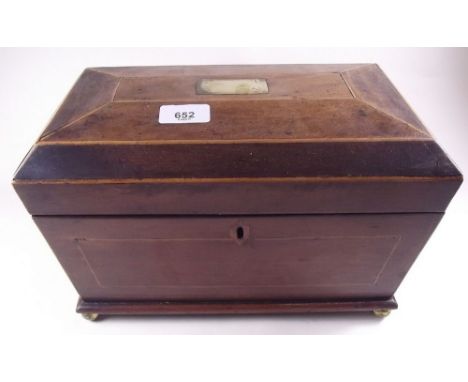 A 19th century mahogany tea caddy with satinwood stringing and brass cornucopia handles, 32cm wide